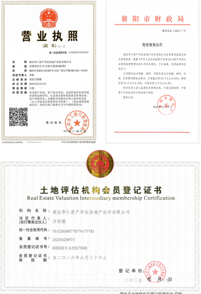華仁資產(chǎn)評估房地產(chǎn)估價有限公司營業(yè)執(zhí)照、資產(chǎn)評估備案公告、土地評估機構(gòu)登記證書